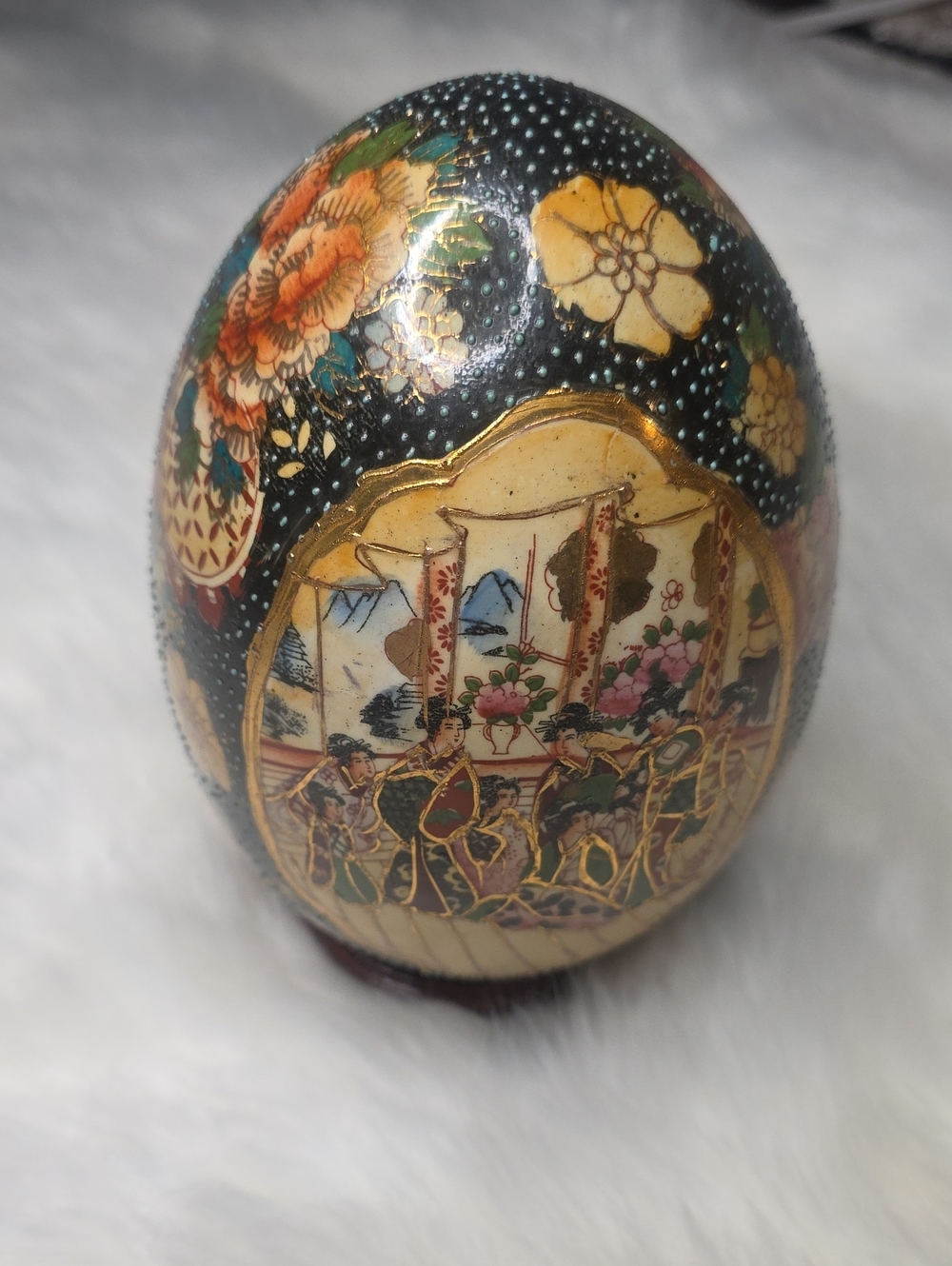 Decorative Black and Gold Hand-Painted Asian Egg Ornament